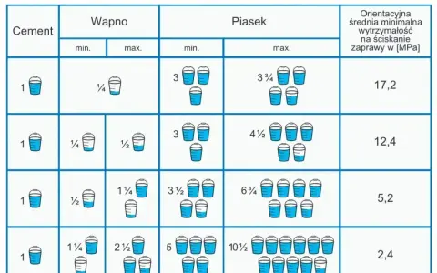 Tabela pokazuje objętościowe proporcje zaprawy murarskiej: cement, wapno, piasek. Różne proporcje zaprawy murarskiej dają różną wytrzymałość.