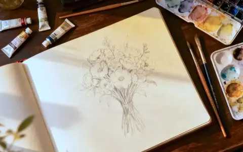 Un carnet ouvert montre un croquis de fleurs. Autour, des tubes de peinture et des pinceaux suggèrent ce avec quoi dessiner sur une toile avant de peindre.