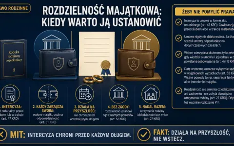 Rozdzielność majątkowa: intercyza chroni przed długami przyszłymi, nie przeszłymi. Akt notarialny, portfele, obrączki.