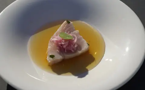 Bonito fresco en un caldo dorado, coronado con cebolla morada y una hoja verde. Un plato ligero y sabroso.