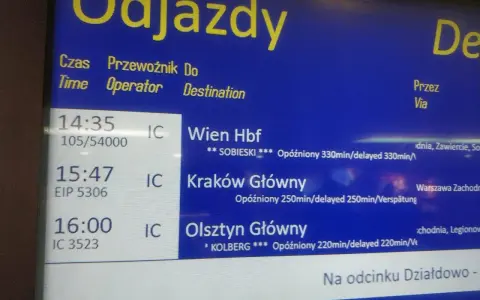 Tablica odjazdów pociągów PKP Intercity z informacjami o opóźnieniach.