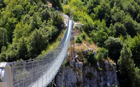 Un avventuroso percorso ponte tibetano si snoda tra rocce e fitta vegetazione, offrendo una vista mozzafiato sulla valle.