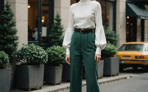 Elegancka kobieta w zielonych spodniach z wysokim stanem i bufiastymi rękawami, przypominającymi kształtem **stovepipe**.