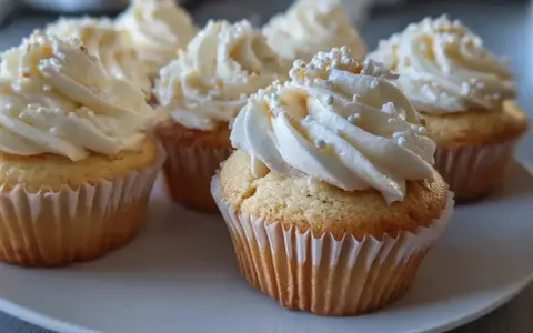 Fluffiga cupcakes med vit frosting och strössel. Perfekt för ett enkelt frosting recept!