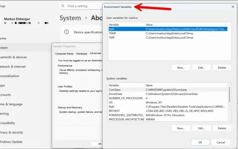 Fenster "Umgebungsvariablen" in Windows 11 zeigt Benutzer- und Systemvariablen an, z.B. den Pfad.