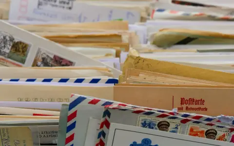 Ein Stapel alter Briefe und Postkarten, vielleicht ein **briefgeheimnis eheleute**? Mit Briefmarken und handschriftlichen Notizen.