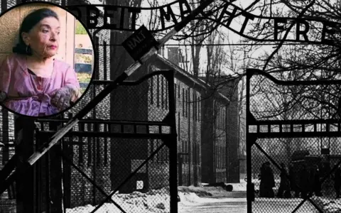 Wizerunek przedstawia bramę obozu koncentracyjnego z napisem "Arbeit macht frei" i portret starszej kobiety, która przeżyła eksperymenty na dzieciach.