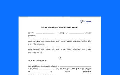 Draft umowy przedwstępnej sprzedaży nieruchomości. Dokument zawiera pola do uzupełnienia danych sprzedającego i kupującego.