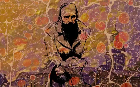 Ritratto stilizzato di Fëdor Dostoevskij su uno sfondo astratto colorato, che evoca le profondità dei suoi libri.