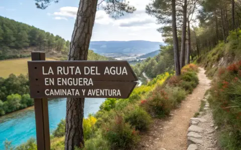 Cartel de "La Ruta del Agua en Enguera" indica un sendero para caminata y aventura junto a un río turquesa y un bosque frondoso.