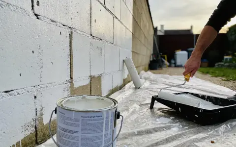 Application de peinture blanche sur un mur de parpaings avec un rouleau. Le travail est en cours, une boîte de peinture est visible.