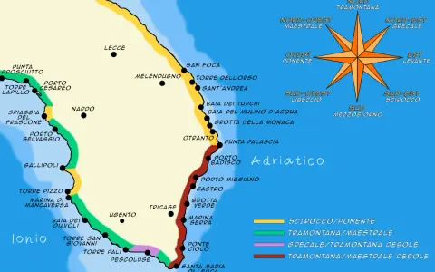 Map of Salento coast showing Ionian and Adriatic sides with towns, beaches, and compass rose.