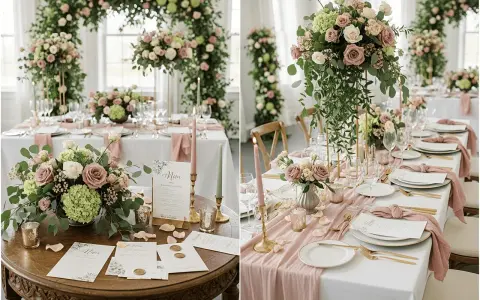 Eleganckie dekoracje stołu weselnego w pastelowych kolorach: pudrowy róż, zieleń i biel. Bukiet róż i hortensji, złote świeczniki i menu.