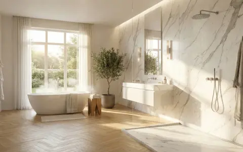 Salle de bain lumineuse avec baignoire îlot, douche à l'italienne en marbre et un sol en parquet clair.