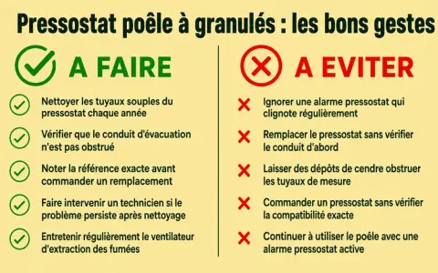 Conseils pour l'alarme pressostat poêle à granulés : à faire (nettoyer, vérifier conduit) et à éviter (ignorer, remplacer sans vérifier).