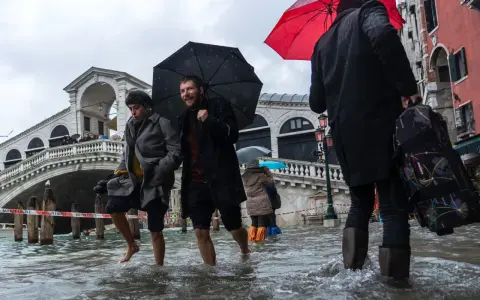 Ludzie brodzą w wodzie podczas acqua alta w Wenecji. Most Rialto w tle, deszcz i parasole.
