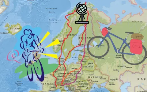 Radfahrer auf einer Europakarte, die eine Route von Island zum Nordkap 4000 und weiter nach Osten zeigt.