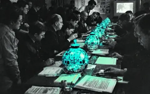 Des hommes en costume, réunis autour d'une longue table, semblent participer à un procès de Tokyo. Des lampes bleues éclairent des documents.