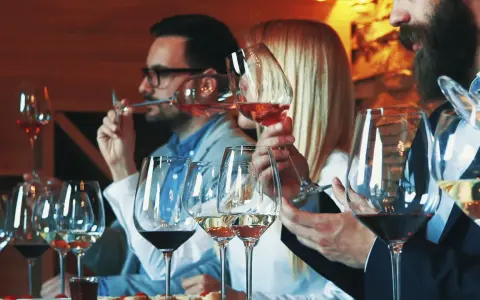 Gente disfrutando de una cata de vinos en España, con copas de vino tinto, blanco y rosado.