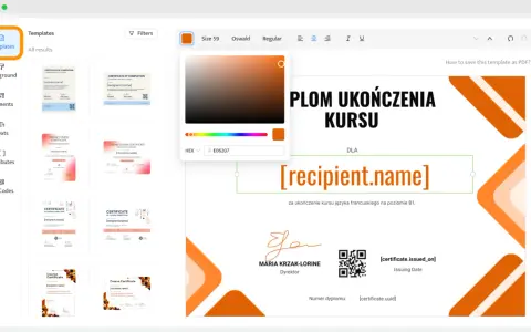 Edytor szablonów do tworzenia dyplomów. Wybierz projekt, dostosuj tekst i kolory, by stworzyć swój projekt dyplomu.