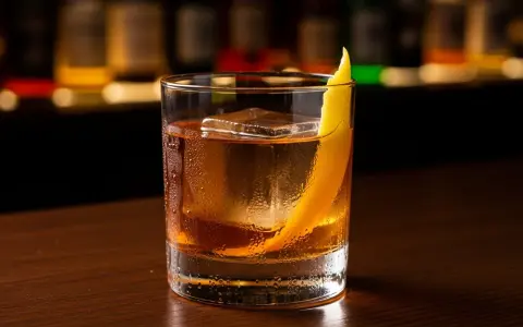 En drink med is och en citronskal, som en rostig spik i en bar.