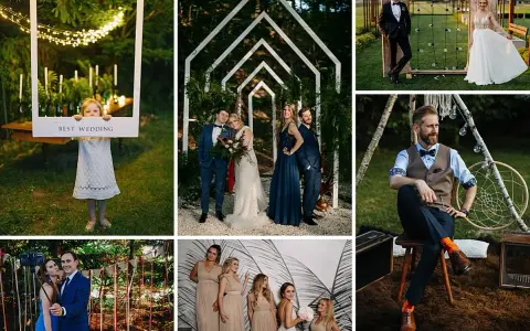 Urocze, niestandardowe atrakcje weselne: dziecięca ramka "Best Wedding", para młoda pod łukiem, panna młoda i pan młody na tle natury, goście z selfie stickiem, drużba i drużki, oraz elegancki pan młody w boho klimacie.