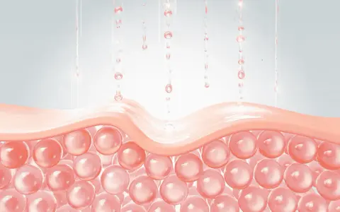 Gouttes rosées tombent sur une couche de peau, stimulant le renouvellement cellulaire.