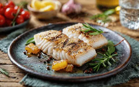 Tre succulenti filetti di merluzzo al forno, conditi con erbe aromatiche e pepe, su un piatto rustico.