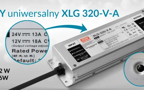 Uniwersalny zasilacz 12v 40w XLG 320-V-A, z możliwością regulacji napięcia wyjściowego, idealny do zastosowań w suchych, wilgotnych i mokrych miejscach.