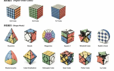 En samling pussel, inklusive en färgglad pyraminx, olika Rubiks kub-varianter och andra former.