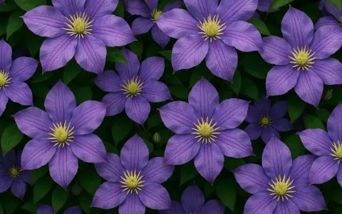 Många vackra, lila klematisblommor med gula mittar mot mörkgröna blad. En del blommor visar tecken på vissnesjuka klematis.
