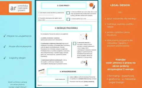 Wzór umowy o pracę na okres próbny w wersji Legal Design. Dokument ułatwia weryfikację kontrahenta dzięki prostym sformułowaniom i przejrzystej strukturze.
