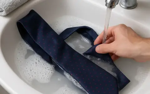 Lavando una corbata de seda con vinagre en un lavabo con agua burbujeante.