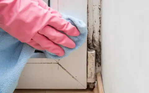Mano con guanto rosa pulisce con panno azzurro la muffa rossa sul muro vicino a una cerniera.