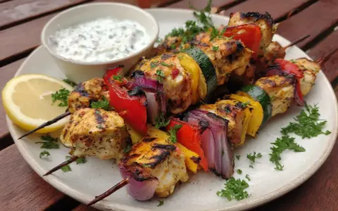 Grillade kycklingspett i ugn med grönsaker och en klyfta citron. Serveras med en krämig yoghurtsås.