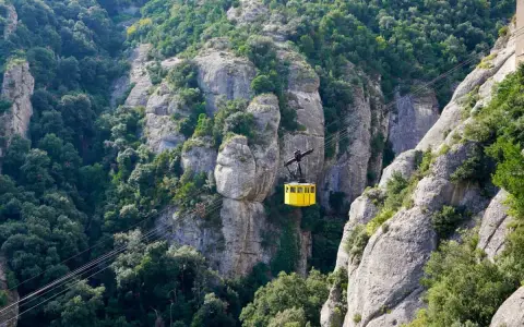 A bright yellow cable car ascends the rugged, tree-covered cliffs of Montserrat, Spain.
