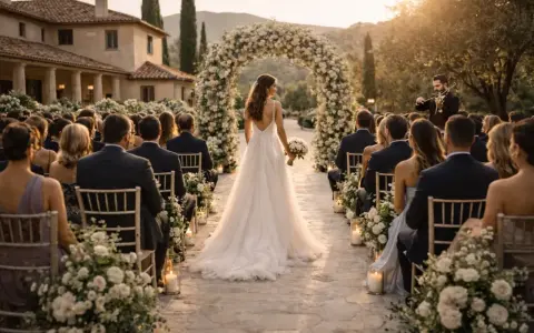Novia camina hacia el altar bajo un arco floral, mientras un violinista toca. La ceremonia, con invitados sentados, evoca el ambiente de canciones de boda modernas.