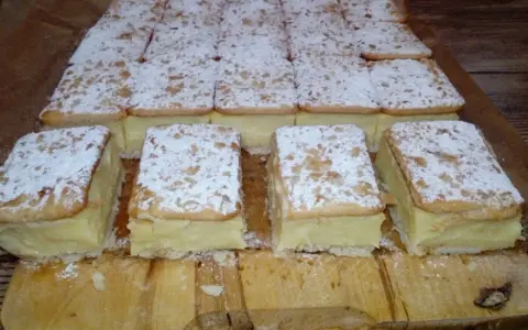 Pyszne napoleonki na krakersach, posypane cukrem pudrem, czekają na spróbowanie.