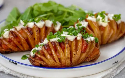 Pieczone ziemniaki Hasselback z bekonem, majonezem i szczypiorkiem na talerzu.
