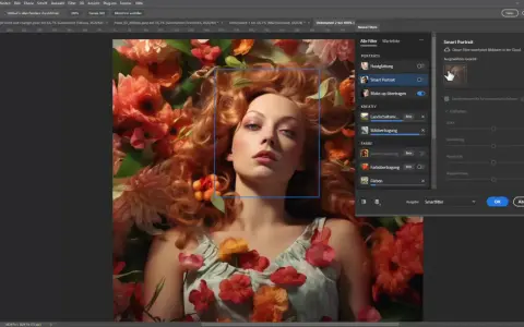 Retrato inteligente con filtros neurales de Photoshop. Una mujer con cabello pelirrojo y flores naranjas y rosas.