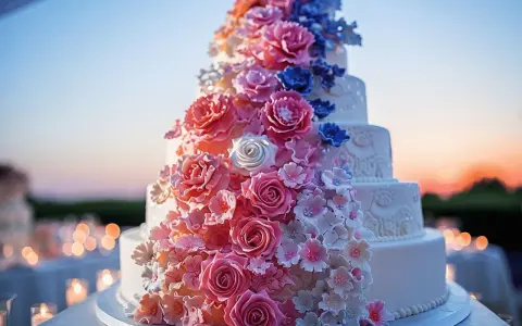Un magnifique gâteau à étages orné de roses et de fleurs roses, bleues et blanches. Une recette gâteau original pour un événement spécial.