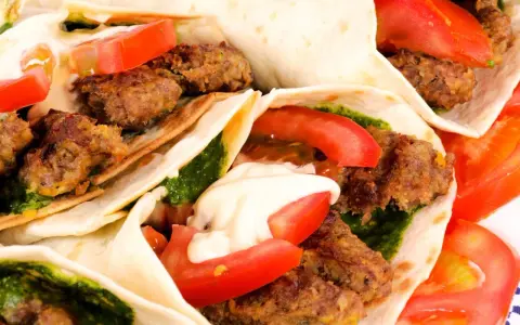 Zbliżenie na kilka kebabów w tortilli z mięsem, pomidorami, zielonym sosem i majonezem.