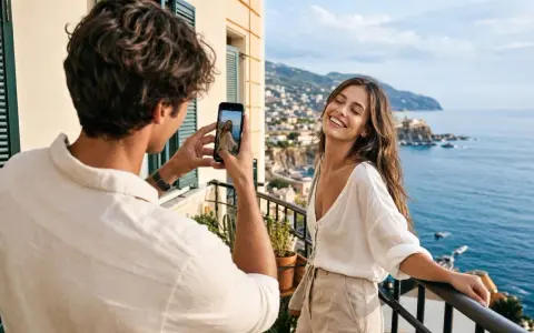 Un homme prend une photo de sa compagne sur un balcon avec vue sur la mer. Une petite attention pour immortaliser leur bonheur.
