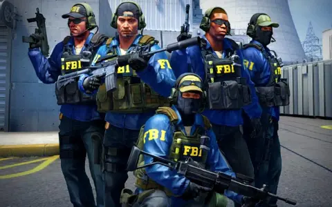 Pięciu agentów FBI w niebieskich kurtkach i kamizelkach taktycznych, gotowych do akcji w CS GO. VAC ban dla oszustów!