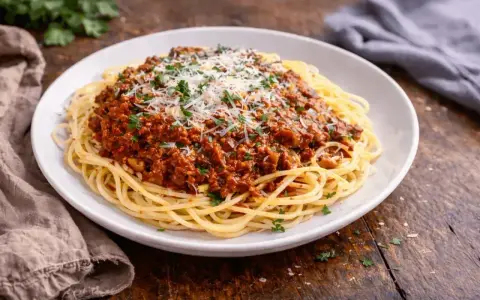 Pyszne spaghetti bolognese, idealne na prosty obiad. Makaron z bogatym sosem mięsnym, posypany parmezanem i natką pietruszki.