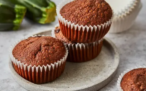 Saftige zucchini schoko muffins auf einem Steinplattenteller, im Hintergrund frische Zucchini.