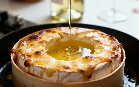 Un mont d'or au four, doré et fondant, est arrosé d'un filet d'huile dans sa boîte en bois.