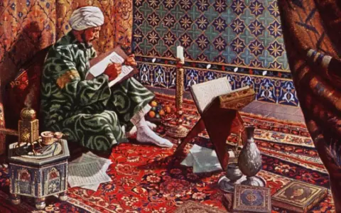 Ein Gelehrter im reichen Zelt, der schreibt. Die Szene zeigt, was die Araber erfunden haben: Wissen, Kunst und Wissenschaft.