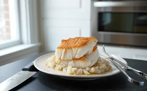 Dos lomos de bacalao a la gallega, dorados y jugosos, reposan sobre una cama de cebolla pochada en un plato blanco.