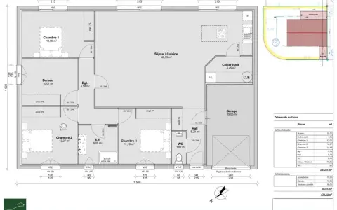 Plan maison plain-pied 3 chambres avec garage et cellier. Idéal pour une famille, ce plan offre un espace de vie lumineux et fonctionnel.